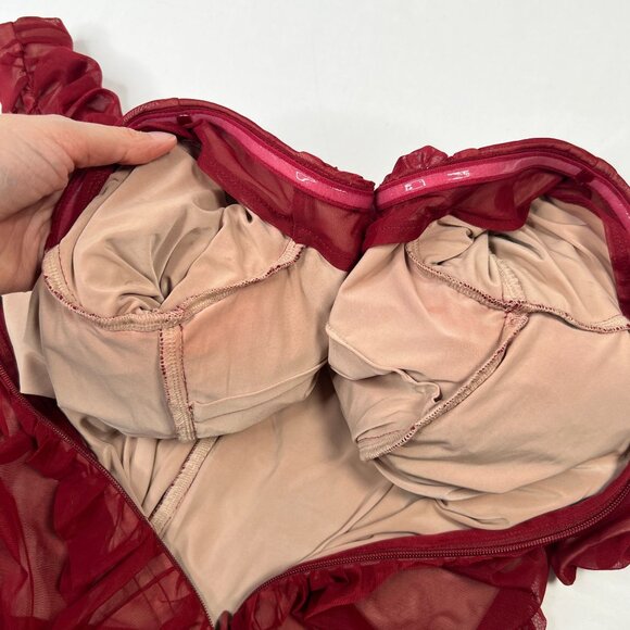 House of CB London Fifi Dress Sheer Ruched Mini Off Shoulder Red Wine Medium - Picture 15 of 16